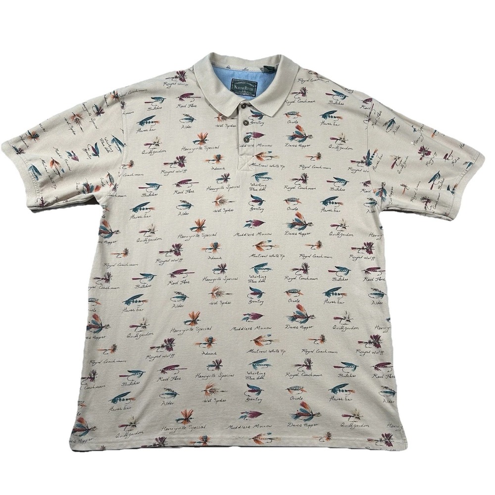 Vintage North River Shirt Mens XLT Tall Polo Fly Fishing Lures All Over Print